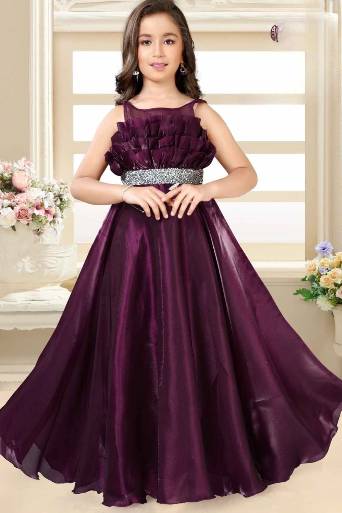 Designer Wine Ruffled And Stone Work Gown For Girls