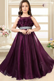 Designer Wine Ruffled And Stone Work Gown For Girls