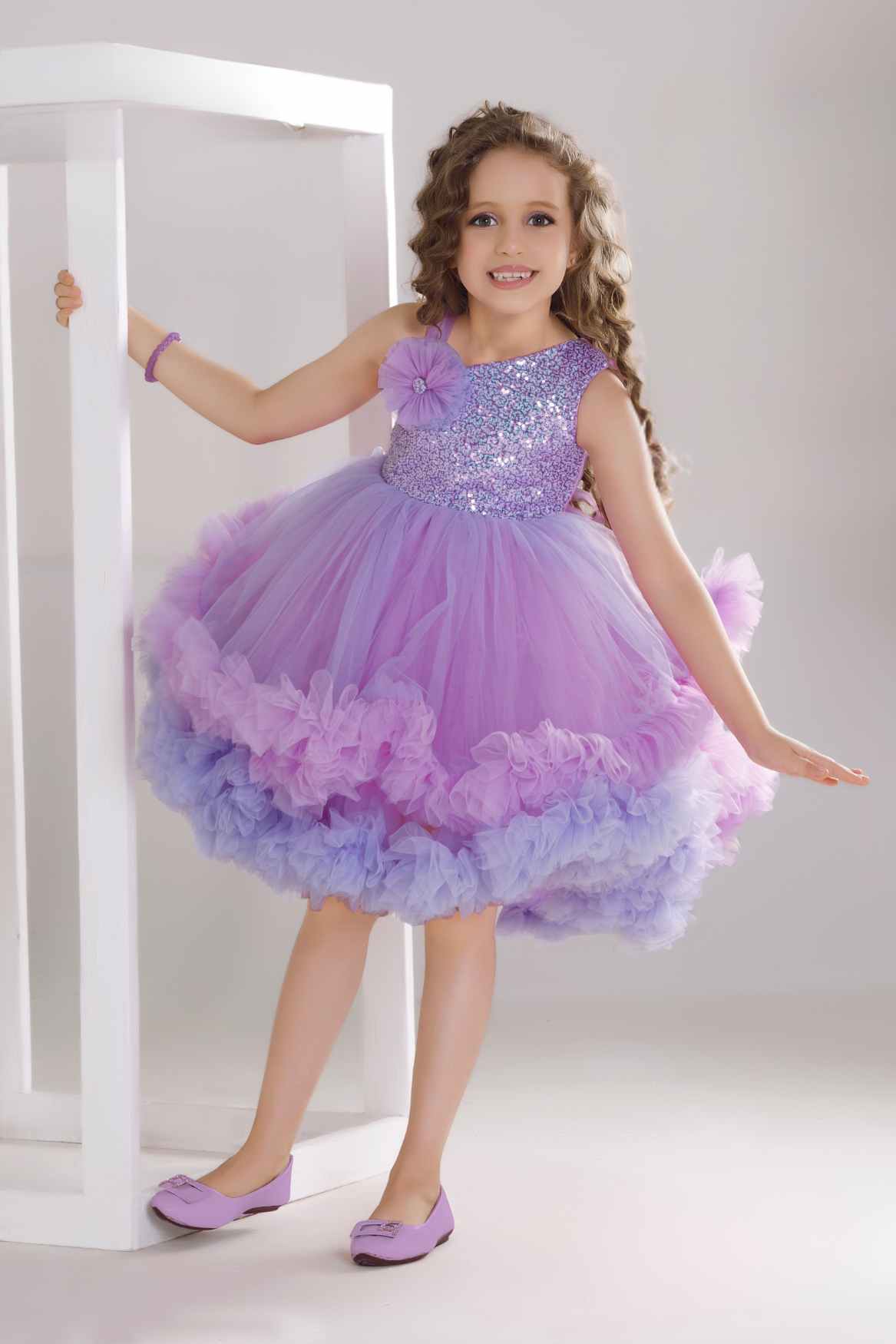 Purple Sequin Bodice Party Frock with Layered Ruffle Hem For Girls