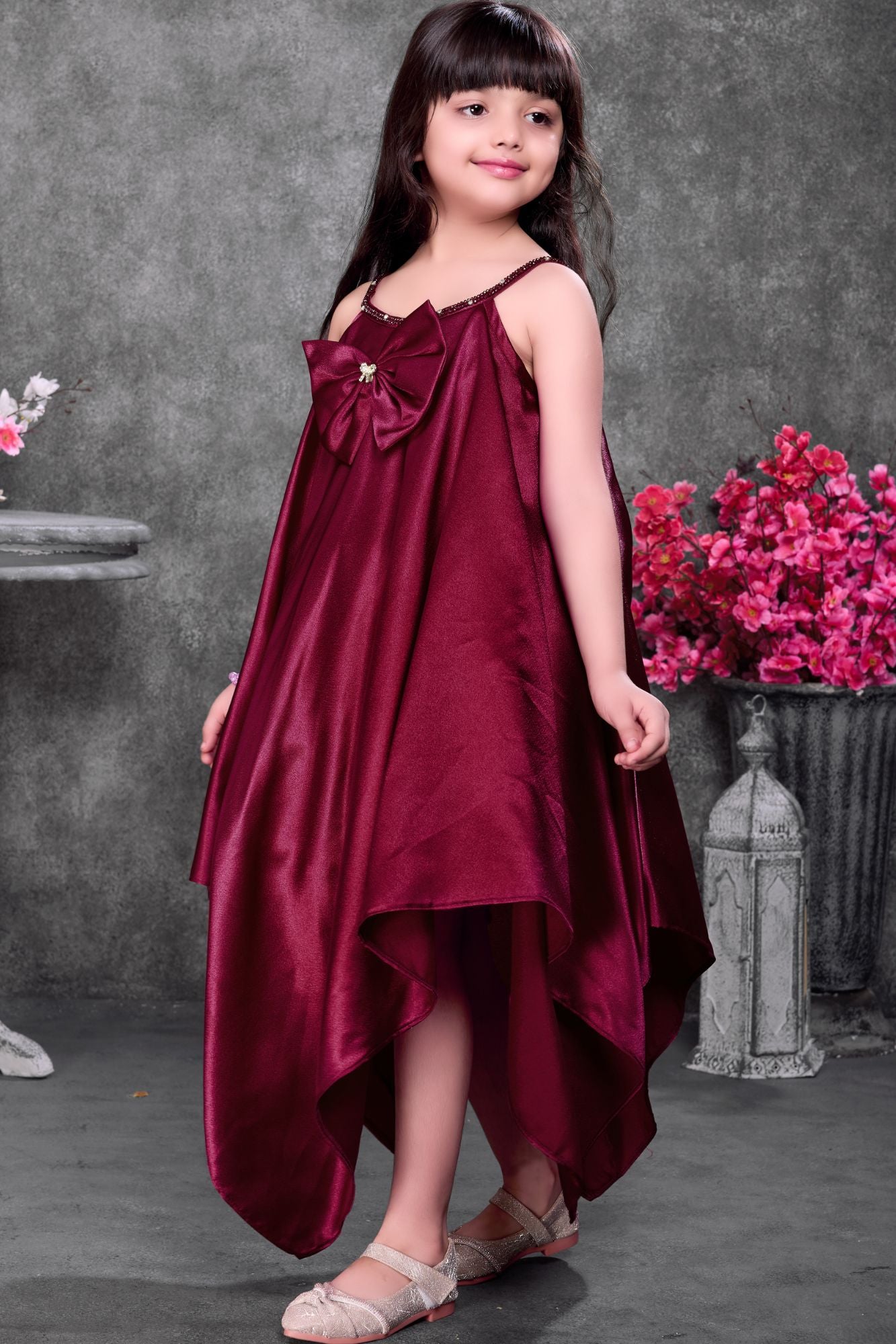 Wine Party Wear High-Low Frock with Bow Detail For Girls