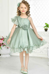 Green Aysmmetric Sleeve Frock With Floral Embellished For Girls