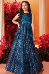 Blue Sequins Embroidery Partywear Gown For Girls