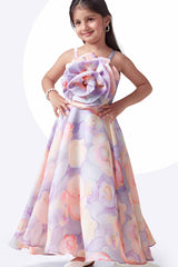 Trendy Purple Floral Embellished And Printed Gown For Girls