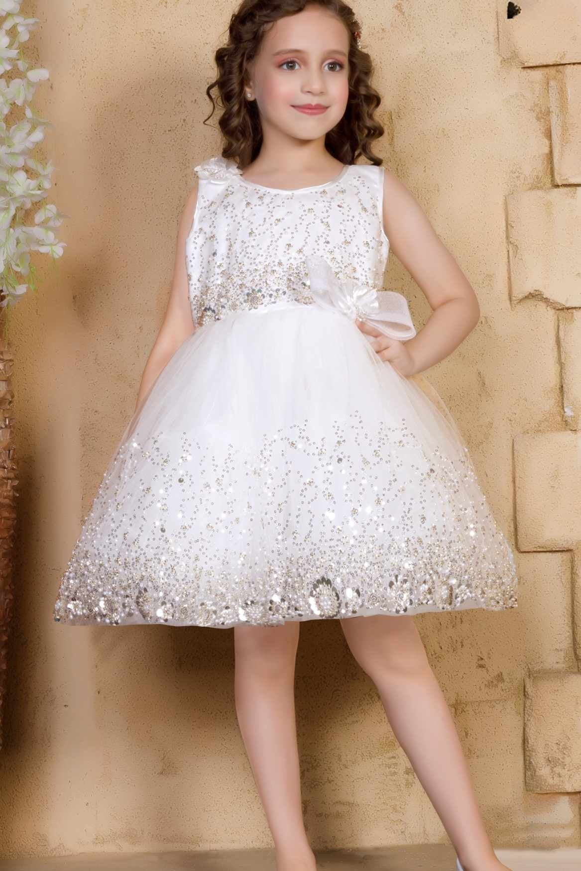 White Sequin Party Wear Frock With Bow For Girls