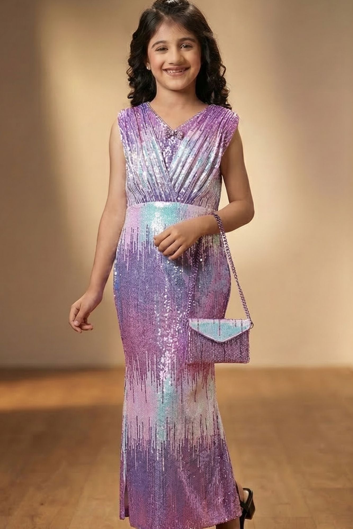 Lavender Sequin Ombre Party Wear Gown For Girls