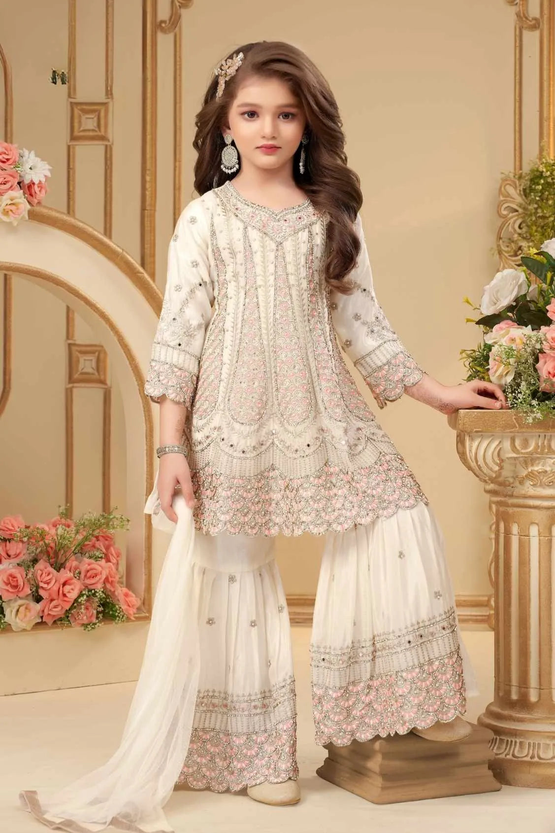 Cream Embroidered Palazzo Set With Dupatta for Girls
