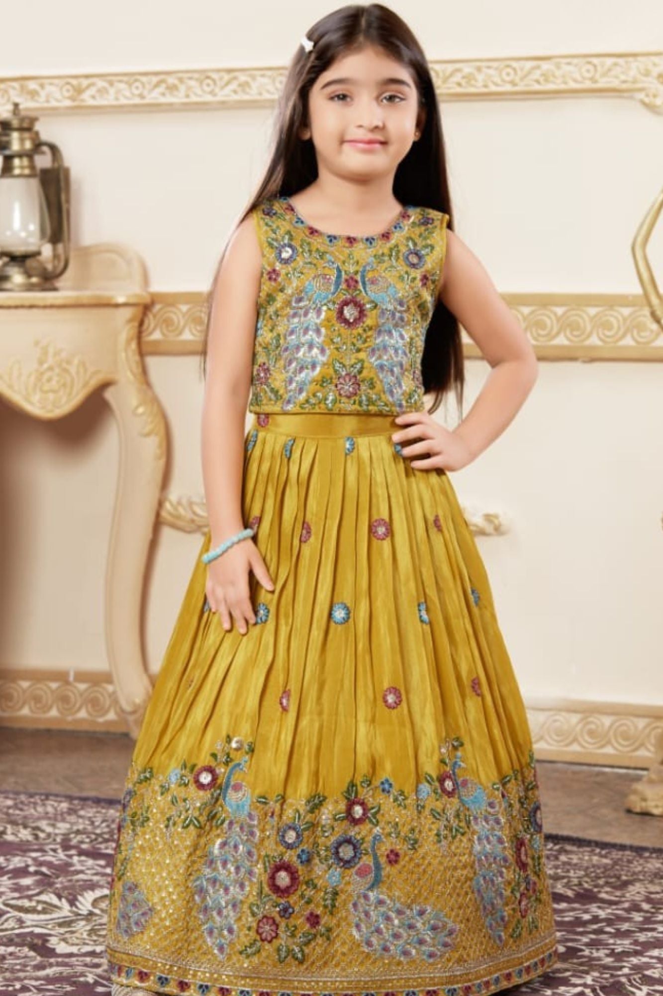 Yellow Embroidered  Lehenga Choli with Regal Peacock Motifs For Girls