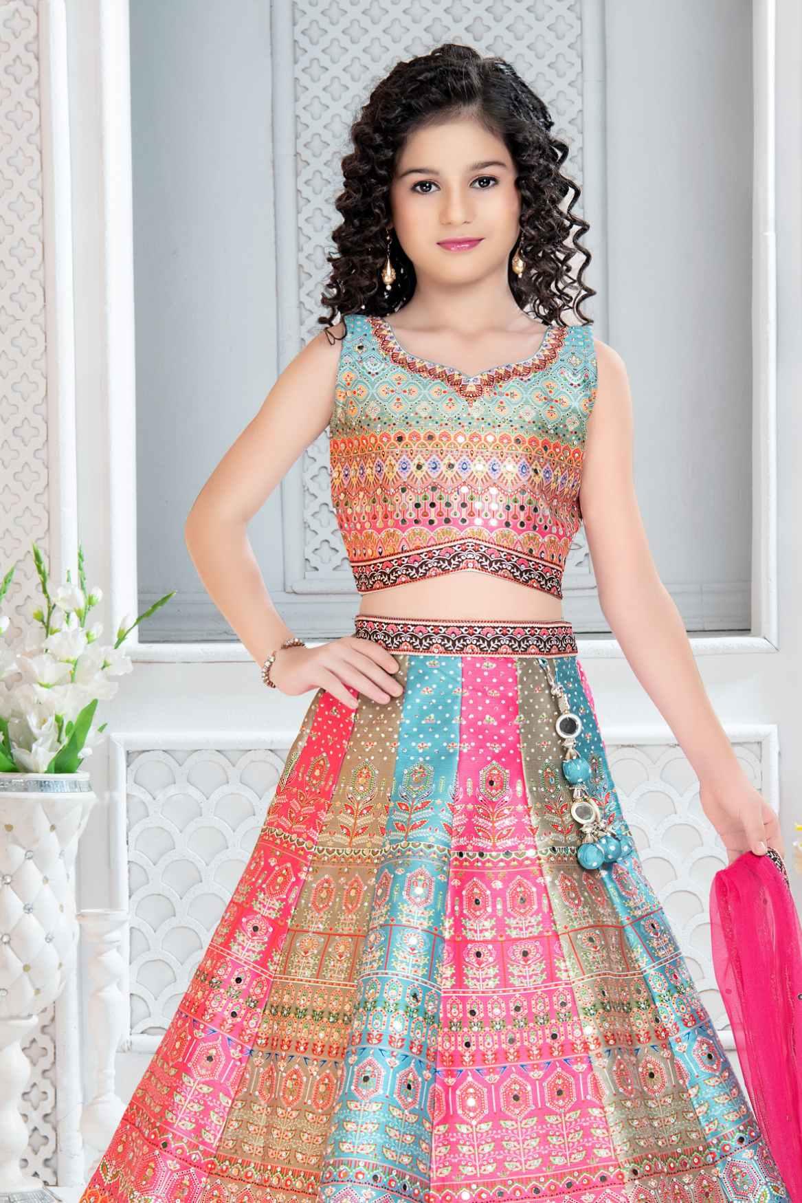 Multicolor Mirror Work Lehenga Choli Set For Girls - Lagorii Kids