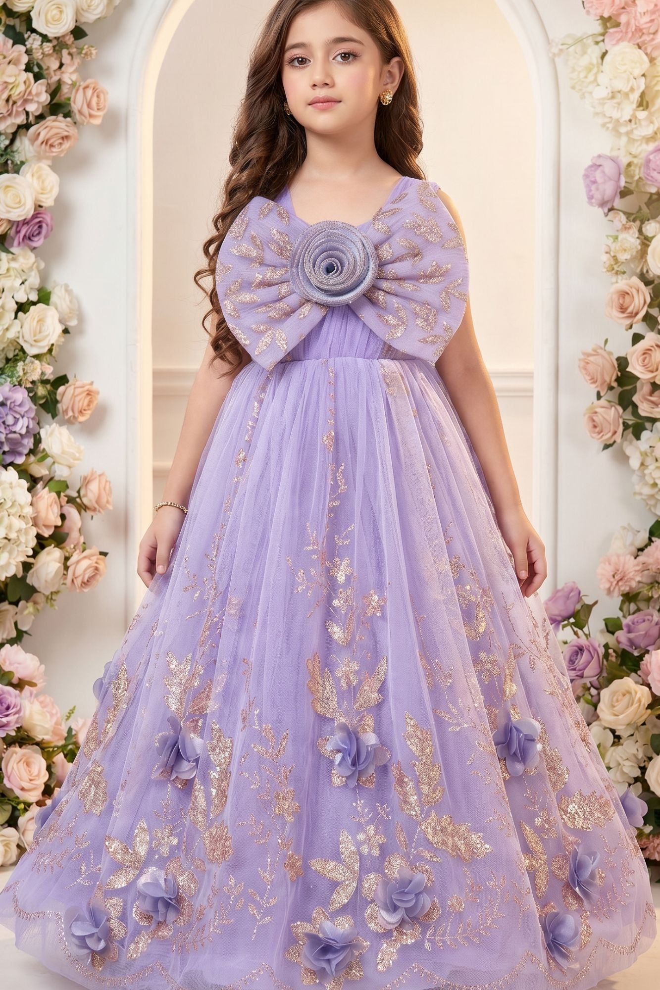 Purple Ball Gown with Oversized Rosette Bow And 3D Floral Applique For Girls