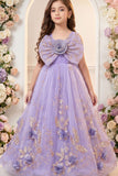 Purple Ball Gown with Oversized Rosette Bow And 3D Floral Applique For Girls