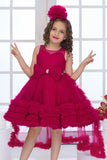 Cherry Red High-Low Tulle Party Frock with Oversized Bow For Girls