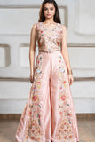 Pastel Pink Heavy Embroidered Crop Top with Flowing Palazzo For Girls