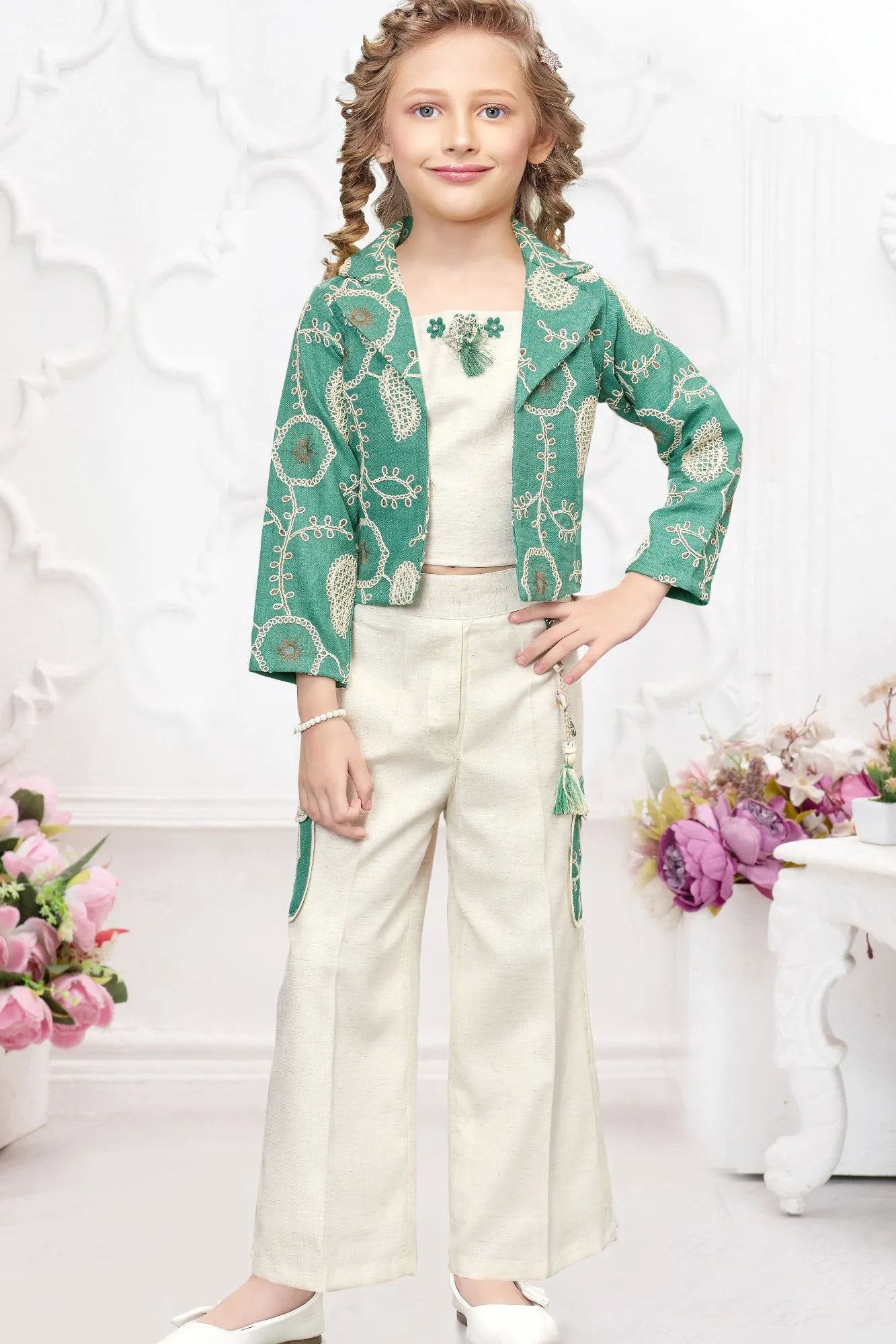 Sea Green Embroidered Jacket & Cream Co-Ord Set For Girls