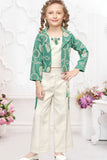 Sea Green Embroidered Jacket & Cream Co-Ord Set For Girls