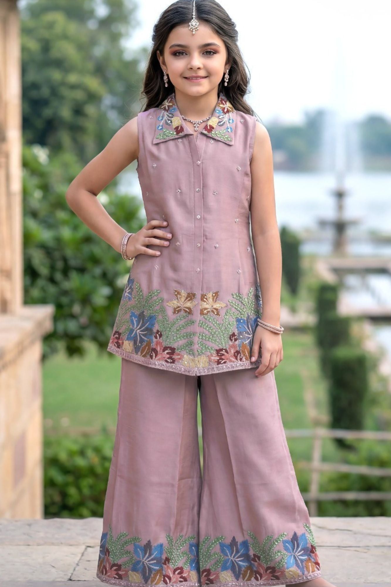 Pink Floral Embroidered Plazzo Set For Girls