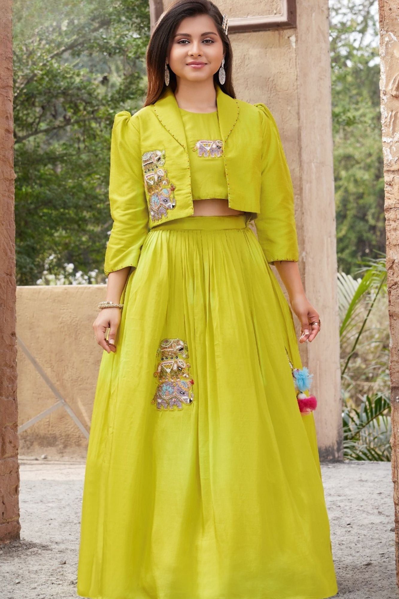 Lime Green Embroidered Lehenga Choli With Jacket For Girls