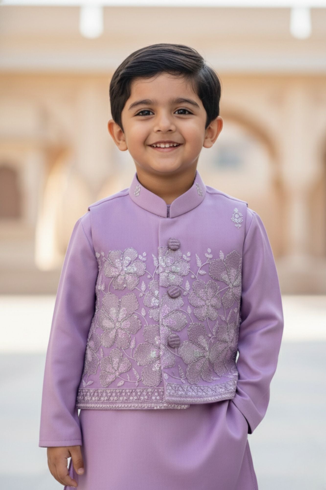 Lavender Sequins Embroidered Kurta Pyjama Set with Jacket For Boys