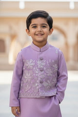 Lavender Sequins Embroidered Kurta Pyjama Set with Jacket For Boys
