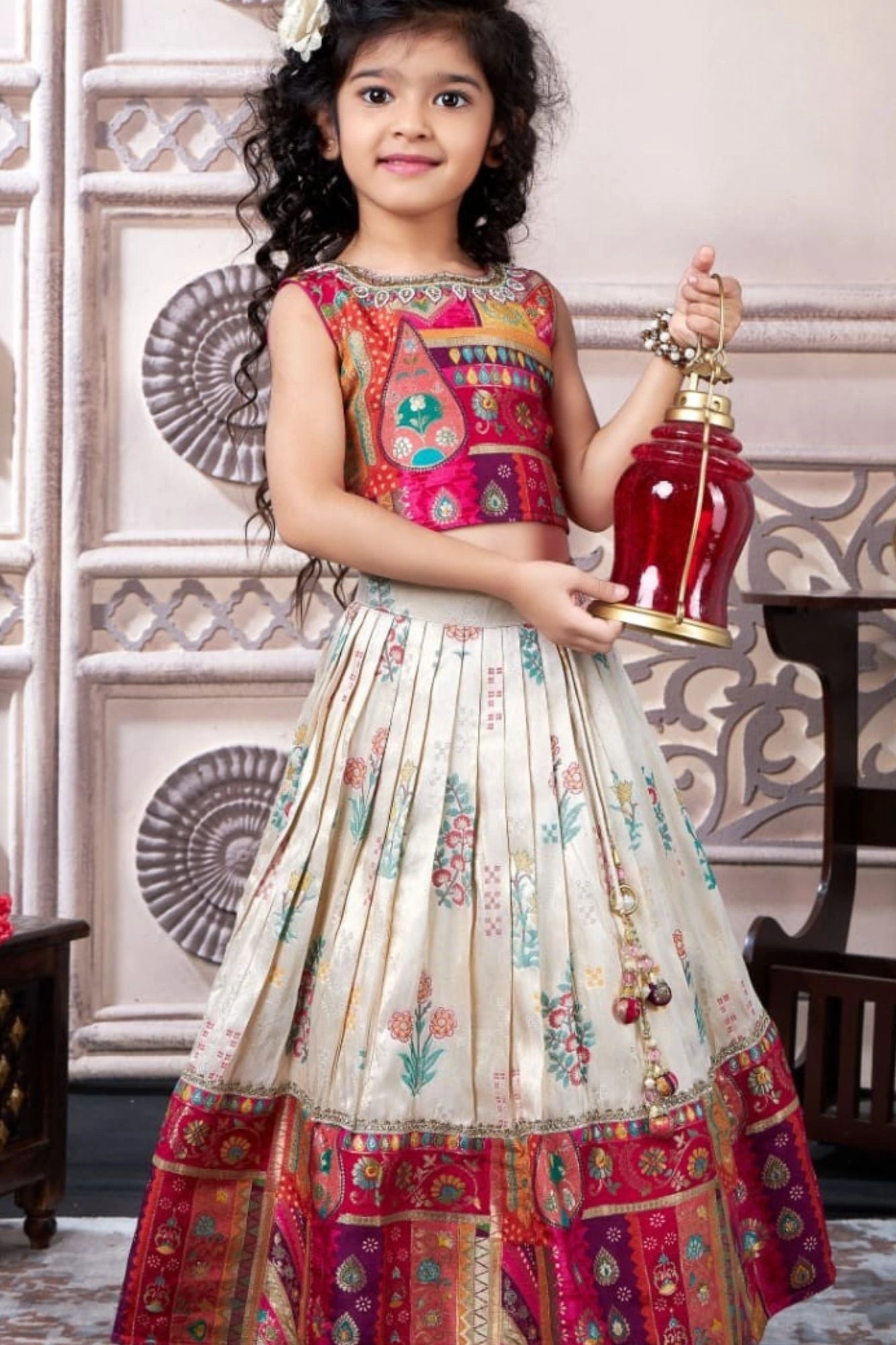 Multicolor Banarasi Silk Pattu Pavadai With Stone Work For Girls