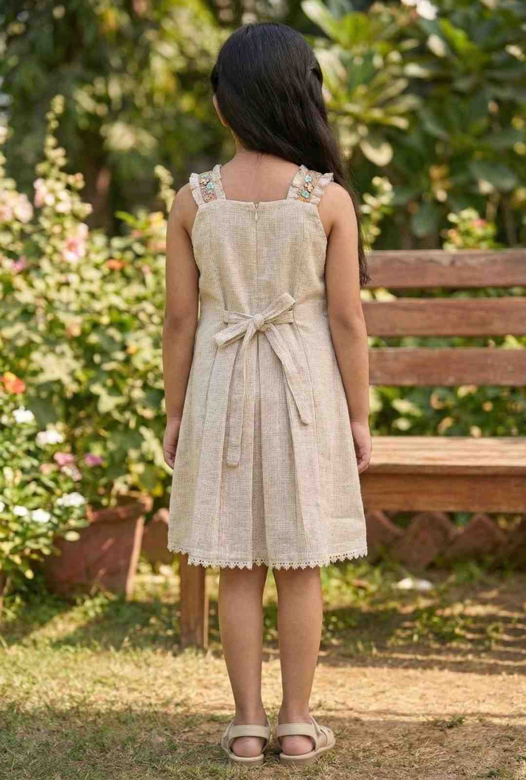 Beige Embroidered Frock With Pleats For Girls