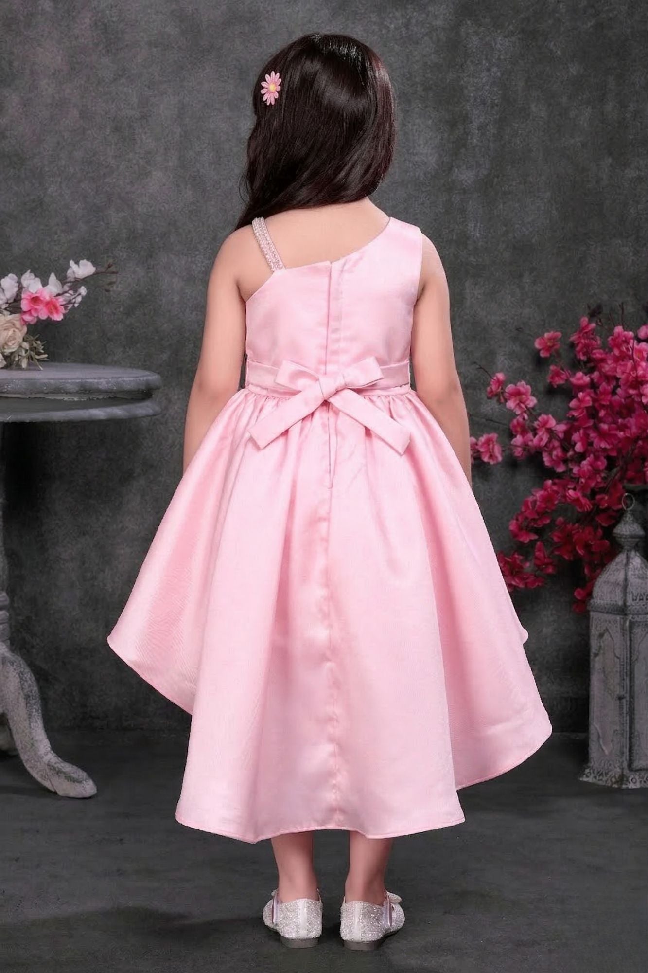 Blush Pink High-Low Party Frock Wiith 3D Floral Waist Detail For Girls