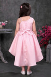 Blush Pink High-Low Party Frock Wiith 3D Floral Waist Detail For Girls