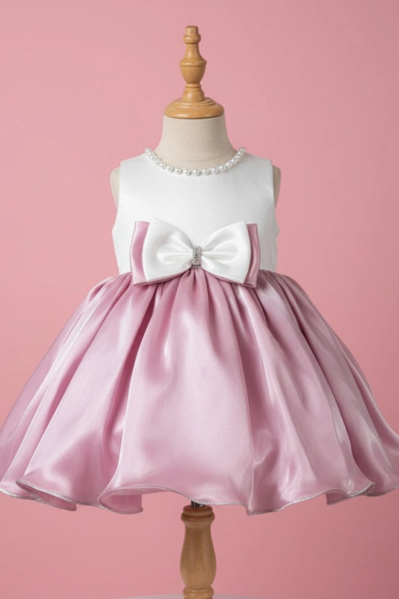 White & Pink Satin Party Frock with Pearl Neckline and Bow Accent For Girls