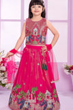 Pink Embroidered Lehenga Choli Set with Dupatta & Tassel Detail For Girls