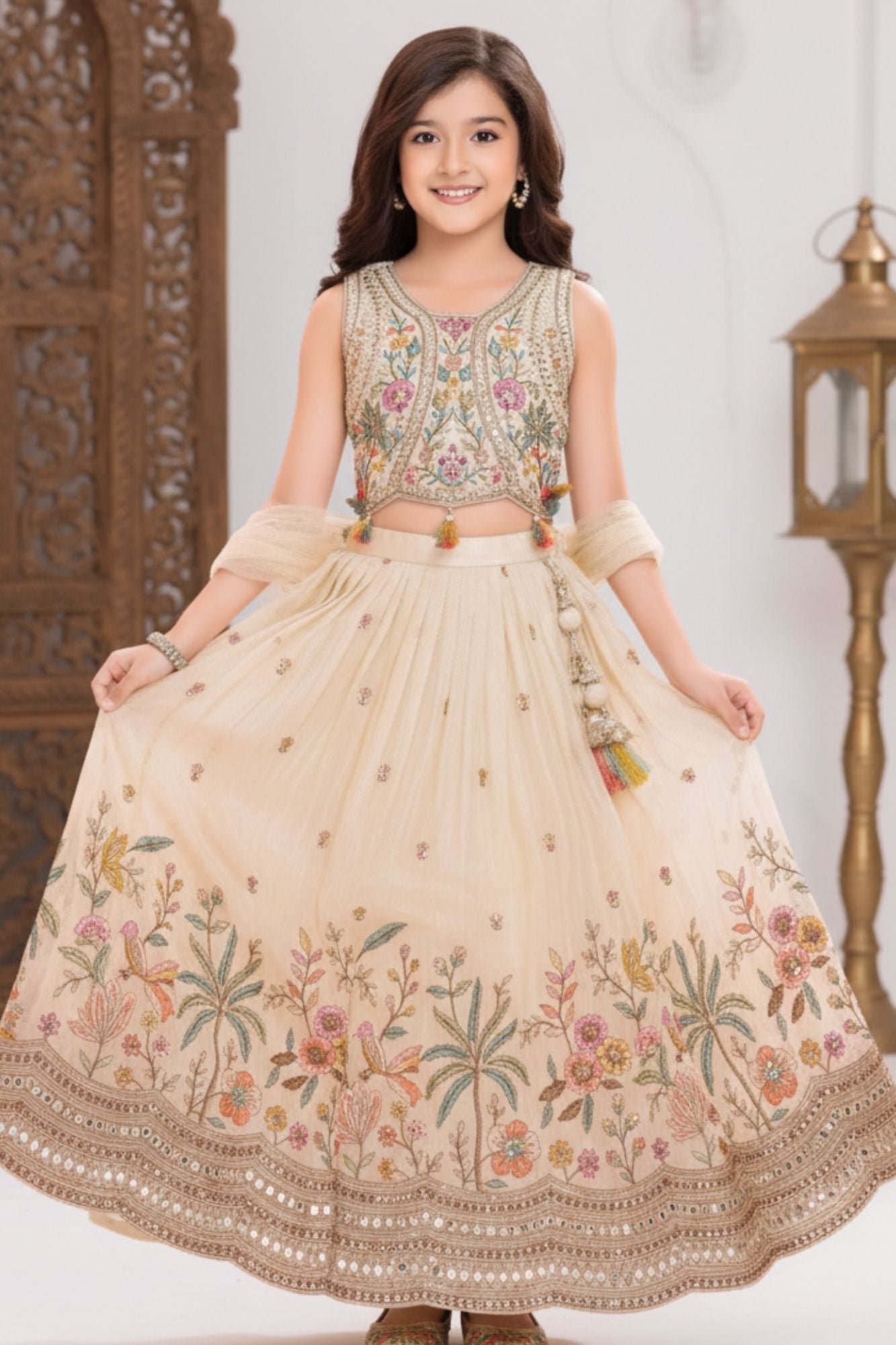 Ivory Embroidered Lehenga Choli Set with Dupatta For Girls