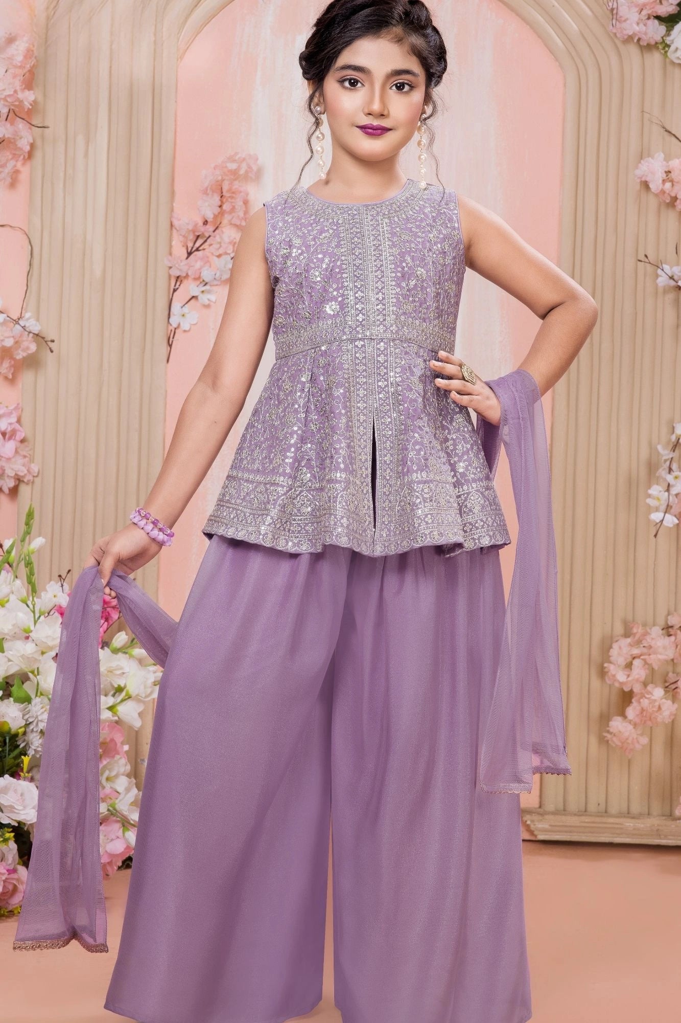 Lavender Sequins And Zari Embroidered Peplum Kurti With Palazzo Set for Girls
