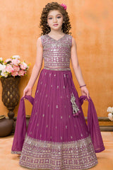 Dark Magenta Sequins Work And Zari Embroidered Lehenga Choli For Girls