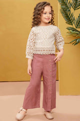 Cream Hakoba Crop Top And Onion Pink Pant Set For Girls