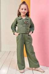 Green Calf Length Sleeves With Floral Embroidered Top And Pant Co-Ord Set For Girls