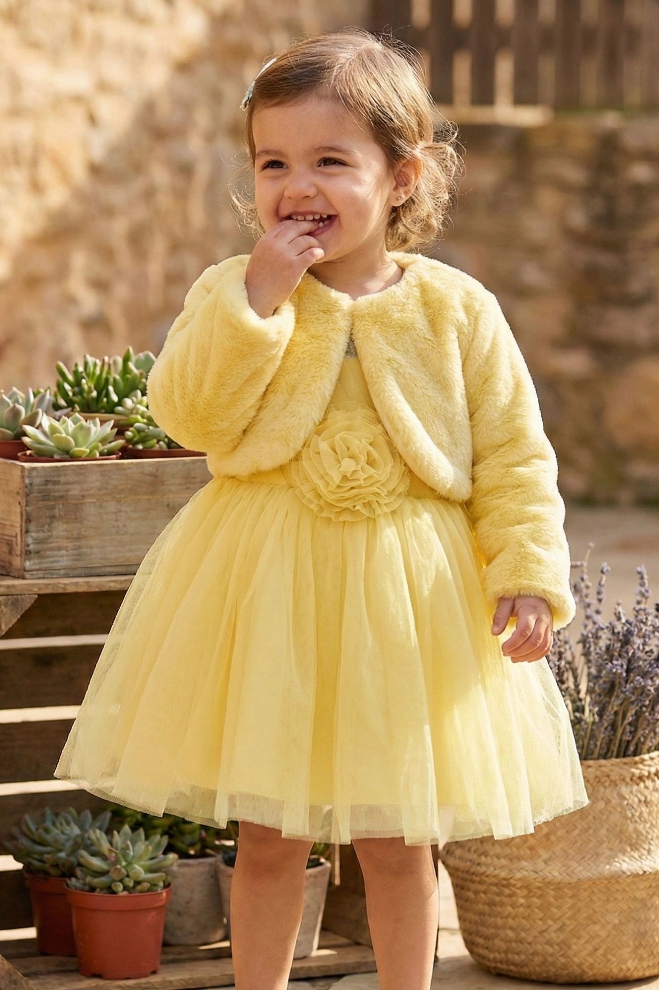 Yellow Party Wear Frock with Faux Fur Jacket For Girls