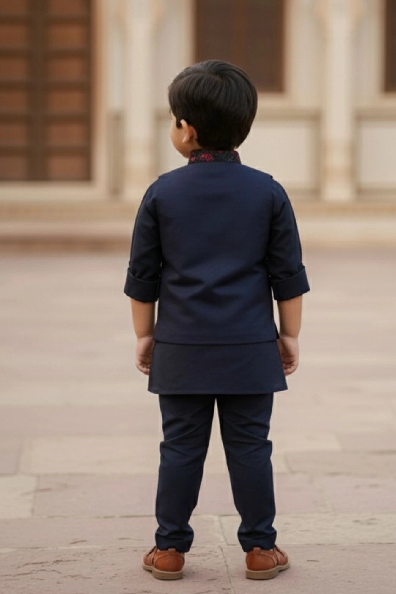 Navy Blue Embroidered Kurta Set with Nehru Jacket For Boys