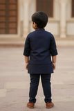 Navy Blue Embroidered Kurta Set with Nehru Jacket For Boys