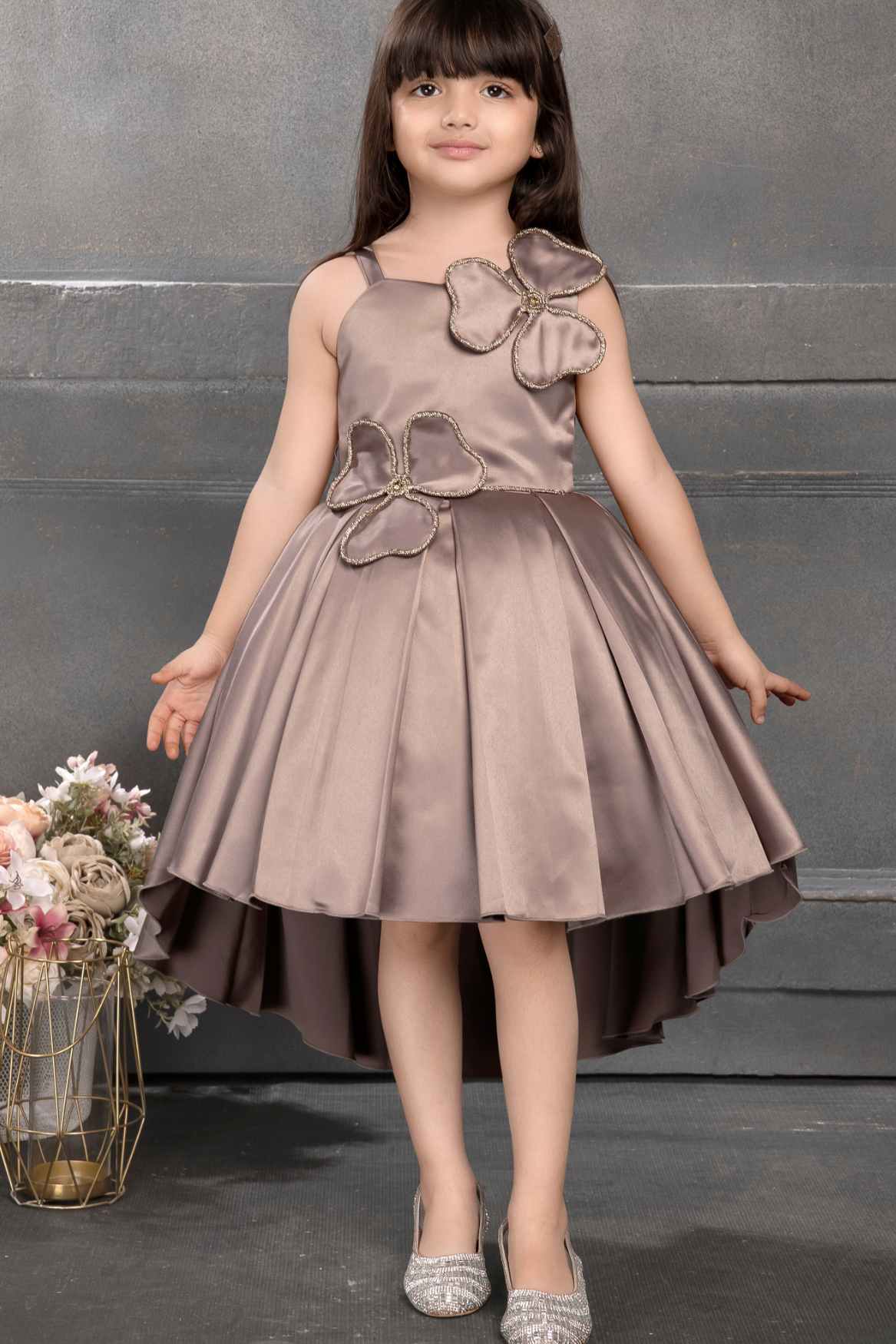Brown Satin High And Low Frock With Stone Work For Girl
