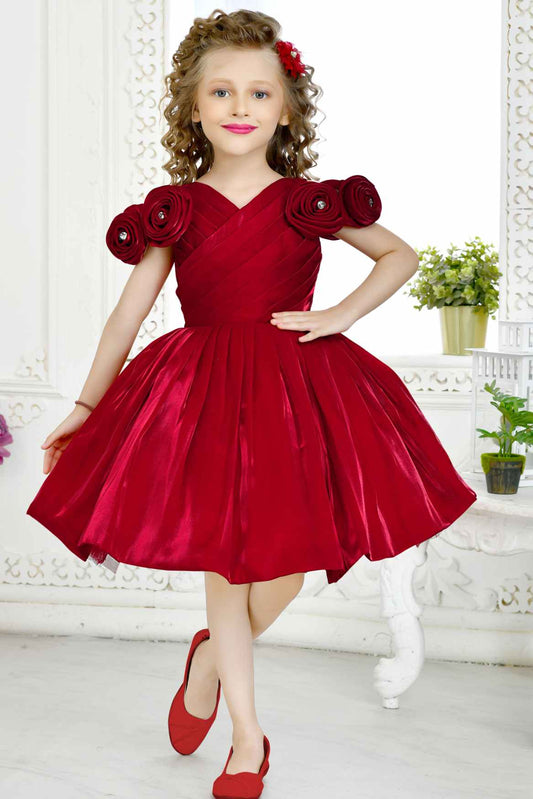 Maroon Partywear Frock Embellished With Flowers For Girls