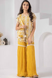 Mustard Embroidered And Mirror Work Top With Sharara Set For Girls