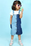 Girls Blue Denim Dual-Tone Dungree With White Tee