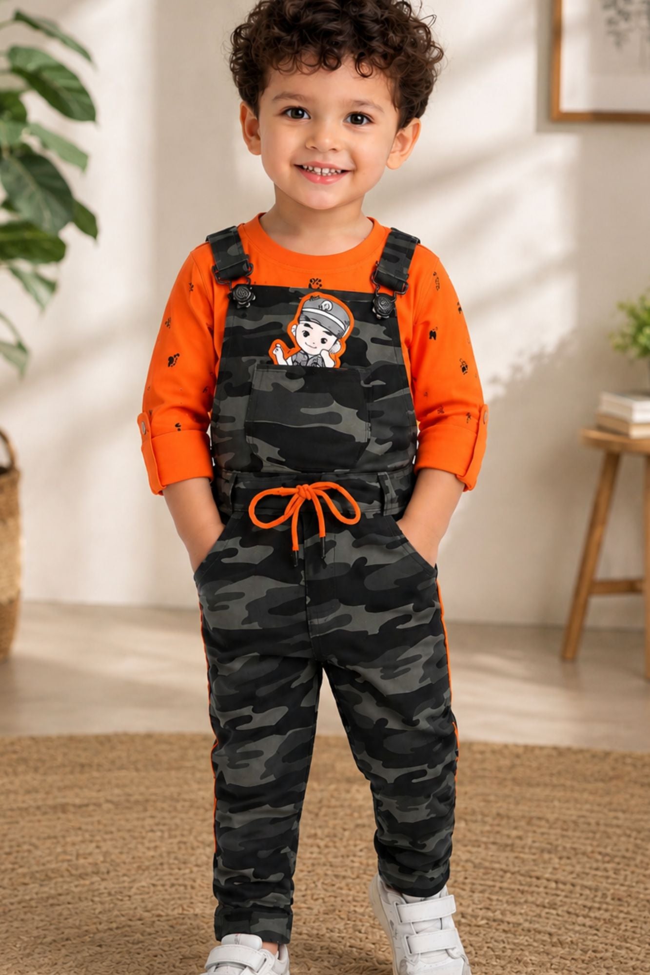 Orange T-Shirt with Camouflage Dungaree Set