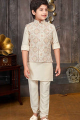 Cream Sequins Embroidered Waist Coat With Kurta And Pant Set For Boys