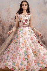 Cream Lehenga Choli With Mirror Work And Embroidered For Girls