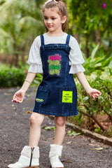 Denim Printed Dungri Skirt With White 3/4 Sleeves T Shirt For Girls