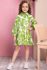 Green And Off White Abstract Printed Casual Dress For Girls