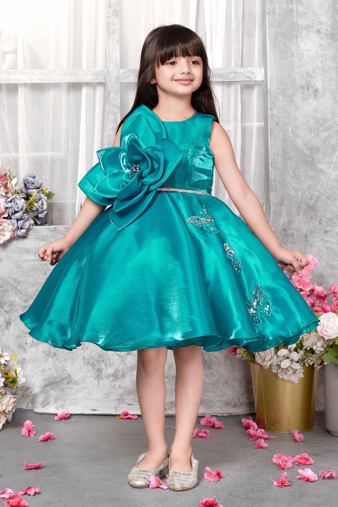 Teal Blue Party Frock With Big Flower and Butterfly Design For Girls