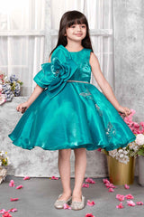 Teal Blue Party Frock With Big Flower and Butterfly Design For Girls