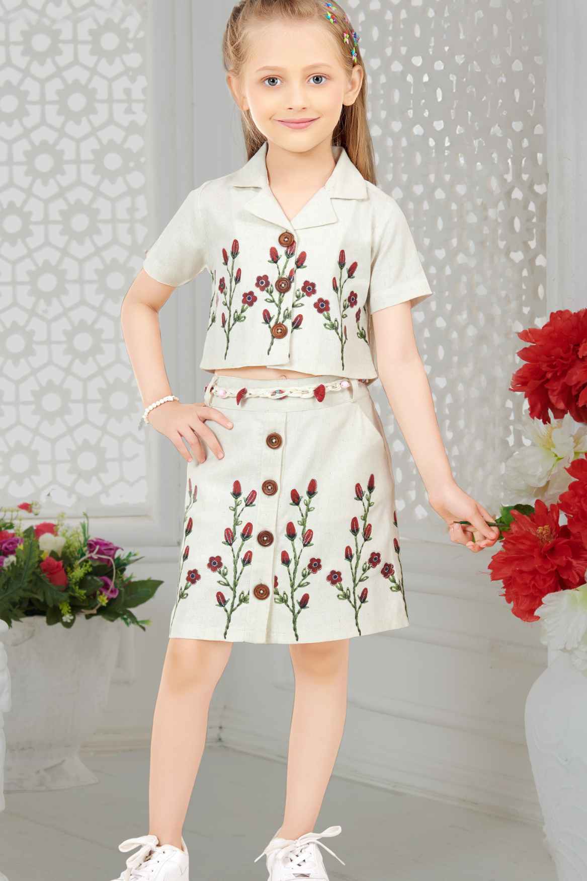 Off White Floral Embroidered Shirt And Skirt Set for Girls