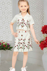 Off White Floral Embroidered Shirt And Skirt Set for Girls