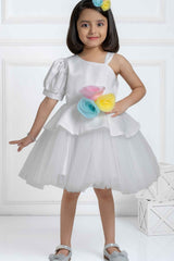 White Floral Embellished Party Wear Frock For Girls